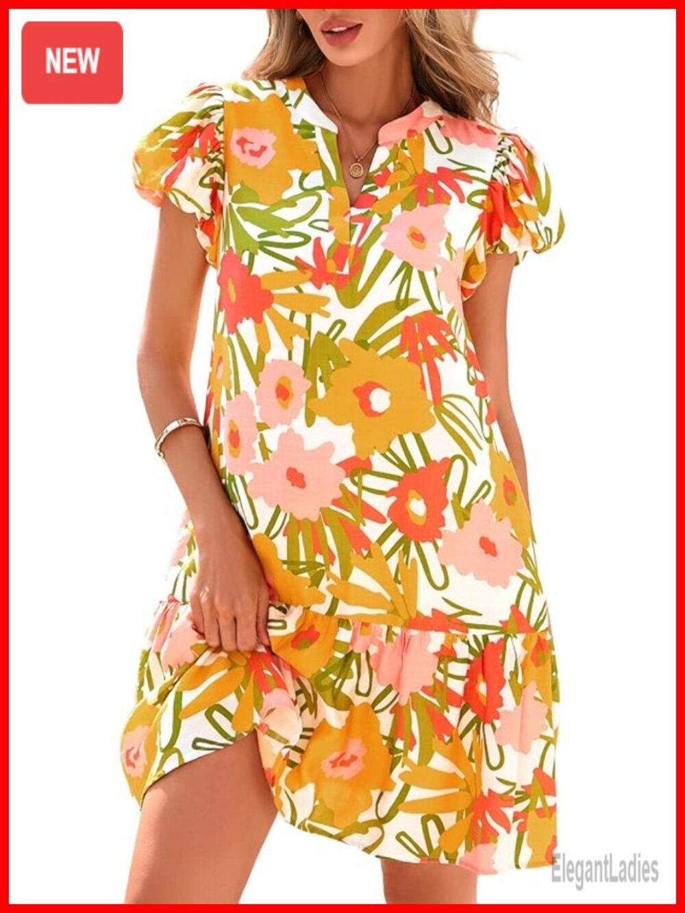 Puff Sleeve V Neck Floral Print A-Line Mini Babydoll Dress with Pockets